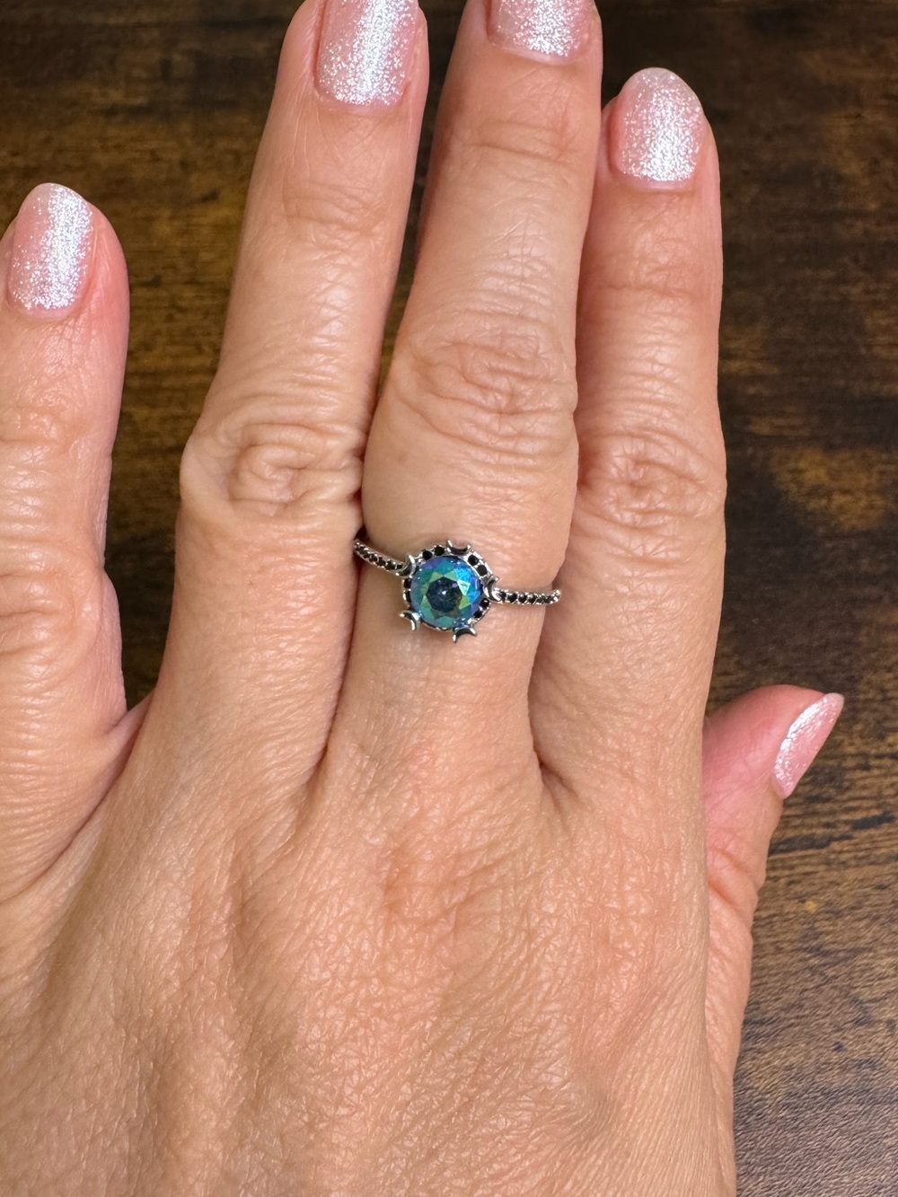 Silver Green Blue CZ Sunburst Ring